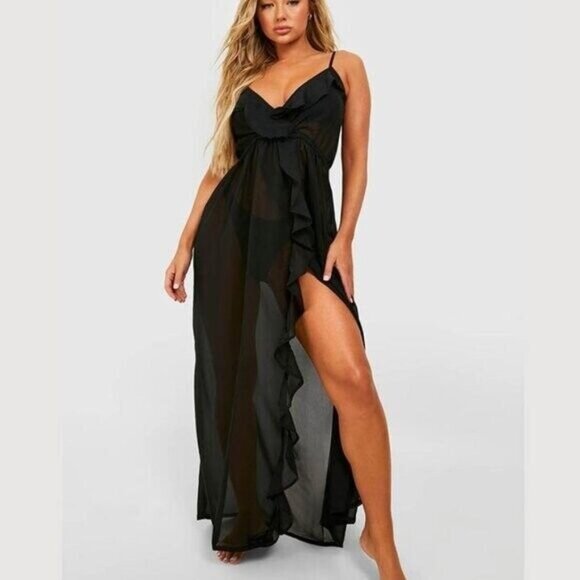 Boohoo NWT Split Maxi Beach‎ Dress L Black Womens Resort Spring Break Vacation - Picture 1 of 8